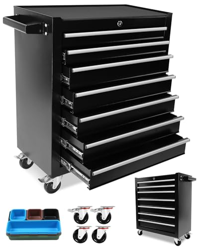 Heavy-Duty 7-Drawer Rolling Tool Chest with Wheels, Steel Tool Storage Cabinet with Lock & Liner for Workshop for Workshop/Garage - Includes 7 Organizer Boxes, Black