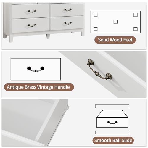 6 Drawer Dresser for Bedroom, Chest of Drawers with Retro Metal Handle, Wood Double Storage Organizer Cabinet for Living Room, Hallway, Antique White