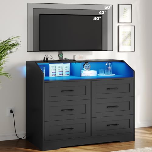 Hasuit White 6 Drawers Dresser with LED Lights and Charging Station, Modern Wood Bedroom Storage Tower Clothes Organizer, Chest of 6 Drawers Storage Cabinet with Deep Drawers for Bedroom, Living Room