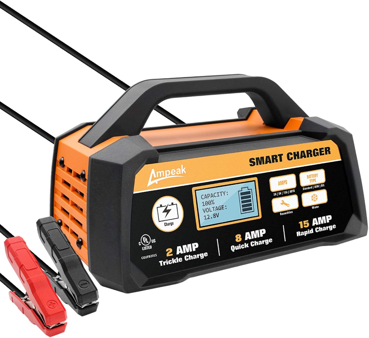 Ampeak 6V 12V Smart Car Battery Charger and Maintainer 2A 8A Fully Automatic with Cable Clamps