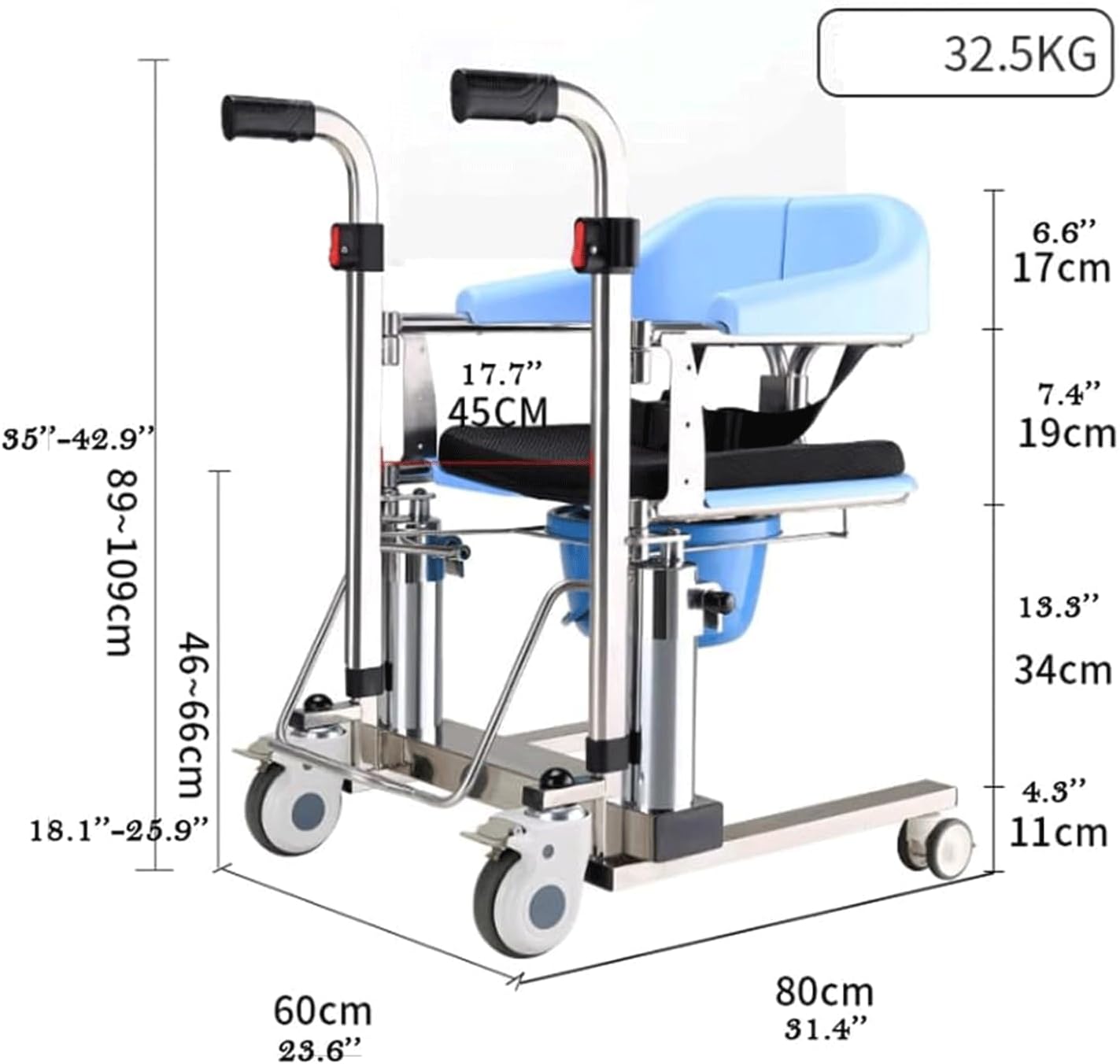 Hydraulic Lift Transfer Chair W/ 180° Split Seat Medical Transit Chair Bedside W/Potty & Tray Desk Transport Lift Wheelchair