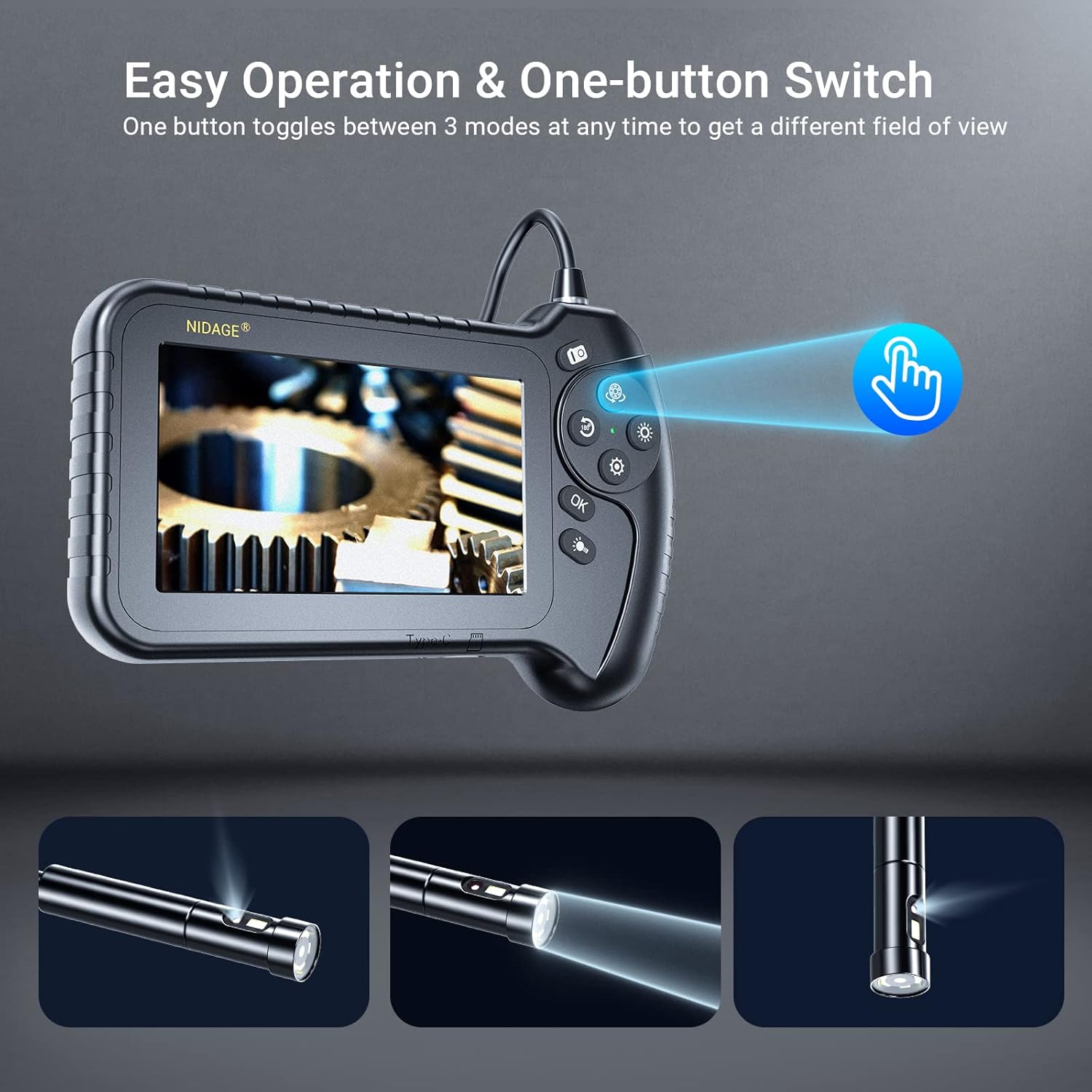 Triple Lens Endoscope Inspection Camera with 5'' IPS Screen NIDAGE 1080P Industrial Snake Camera with 11.5FT Waterproof Flexible Cable 8 LEDs 32GB Card Toolbox, Automotive Borescope Drain Pipe Camera