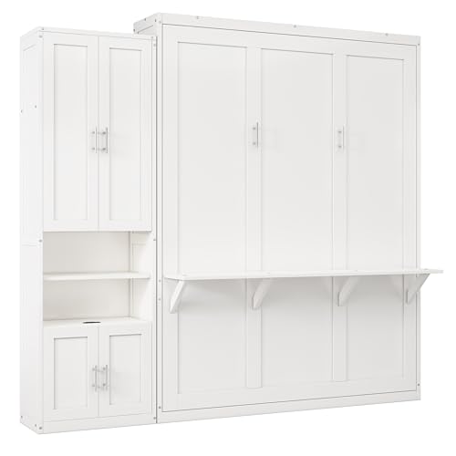 MERITLINE Queen Murphy Bed with Storage Cabinet，Bookcase，Shelves and Charging Station,Wood Folding White Murphy Wall Bed Cabinet for Adults
