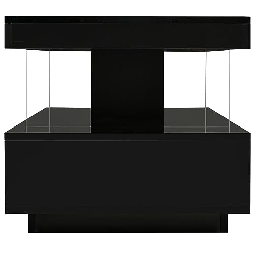 LED Coffee Table with Drawer, Modern High Gloss Coffee Table with 2-tiers Storage, Living Room Table (Black)
