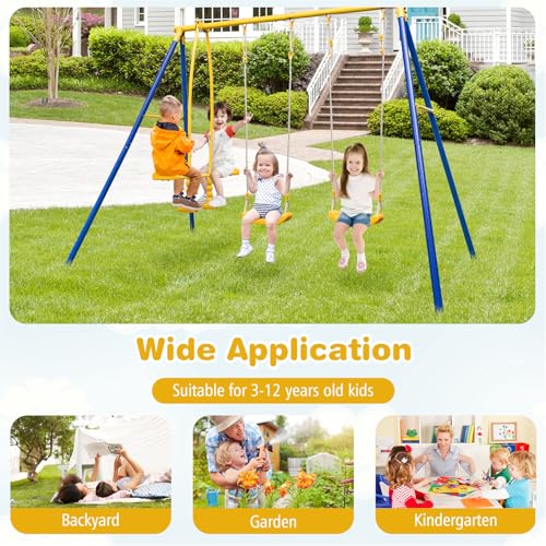 Costzon 440 lbs Swing Sets for Backyard, 3-in-1 Heavy Duty Extra Large Metal Swing Frame w/A-Shaped Stand, Swing, Glider, Gym Rings, Play Equipment for Indoor Outdoor Gifts Kids Toddlers