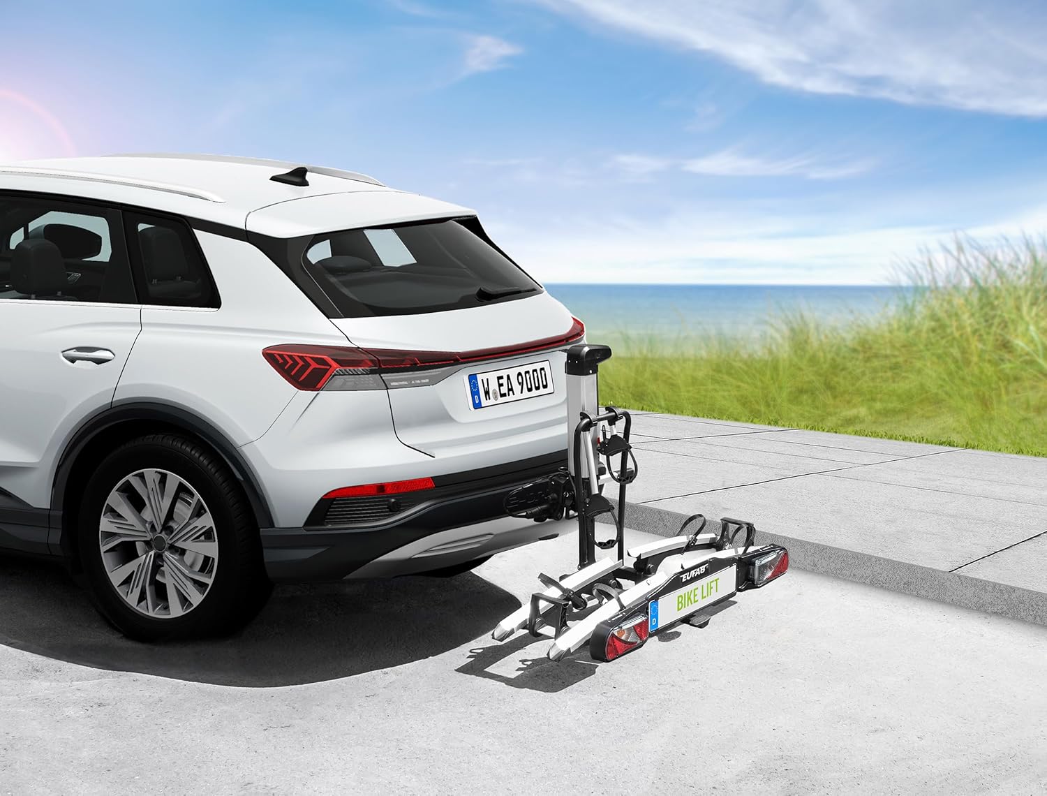EUFAB 11554 Bicycle Carrier Bike Lift, Suitable for E-Bike, Fully Pre-Assembled, Electric Lower, Theft Protection, for 2 Bikes, for Towing Hitch, 2025 with Strap Frame Holders
