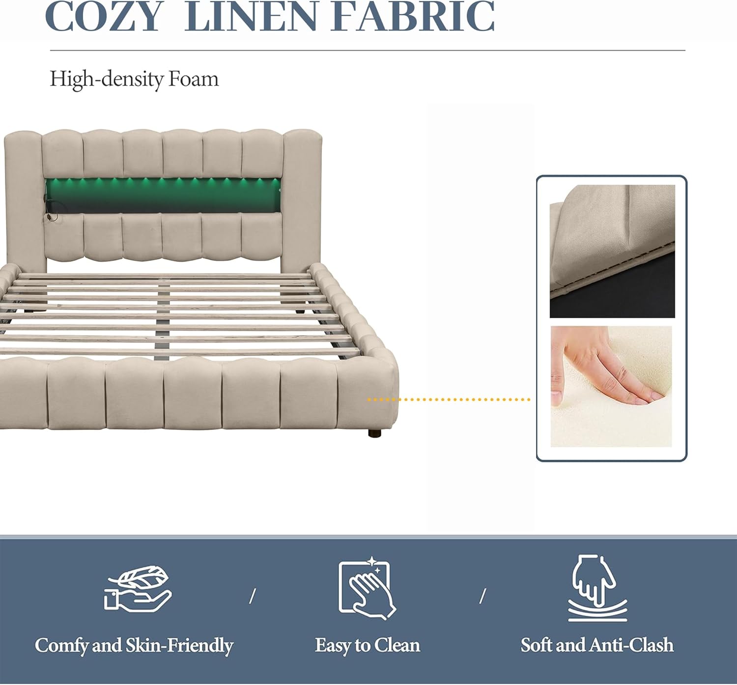 Harper & Bright Designs Grounded Upholstered Queen Bed with Lift Up Storage,Queen LED Bed Frame with USB Charging, Lift-Up Storage Bed Queen for Teens Adults,Linen Fabric,No Box Spring Needed,Beige