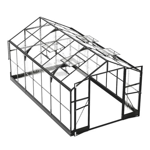 8x12 FT Polycarbonate Greenhouse with Quick-Connect Fittings, Walk-in Large Aluminum Greenhouse with 2 Swing Doors, Winter Greenhouse for Outdoors Black