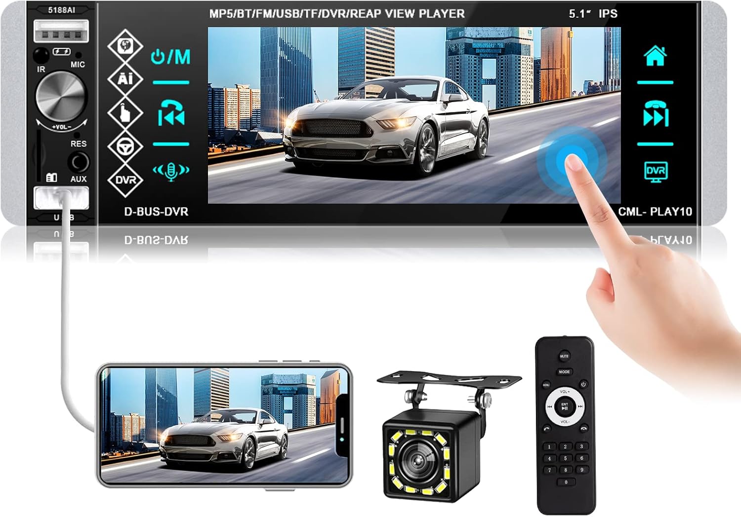 Single Din Car Stereo 5.1 Inch Touchscreen Radio with Bluetooth Voice Control Support DVR FM RDS AM Tuner, 1 Din Head Unit with USB/SD/Aux-in + Steering Wheel Control, Microphone and Backup Camera