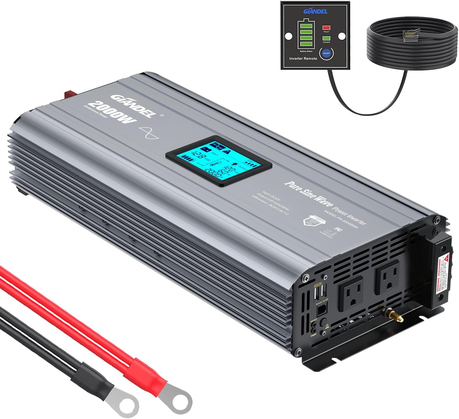 GIANDEL 2000W Pure Sine Wave Power Inverter DC 12V to AC 120V with a Hard Wire Terminal Block and Big LCD Display Wired Remote Controller Dual 2.4A USB Ports FCC Approved for Emergency Solar System