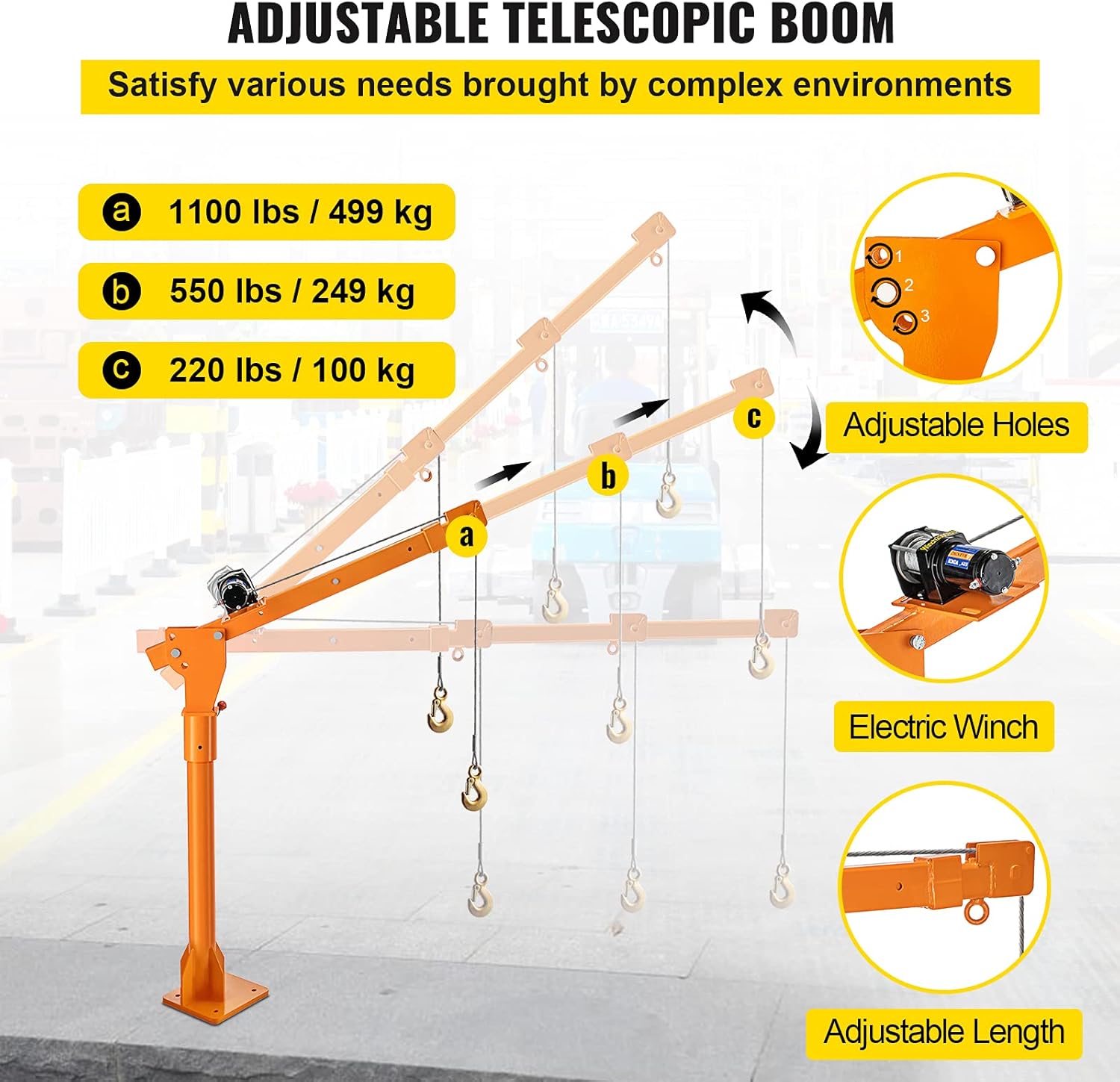 VEVOR Truck Crane Frame, Truck Bed Crane Frame with Adjustable Telescopic Boom, Jib Crane Frame with Single & Double Cable Lifting Modes, Cooperate with Hand Winch, Electric Winch, Hoist, Mini Hoist