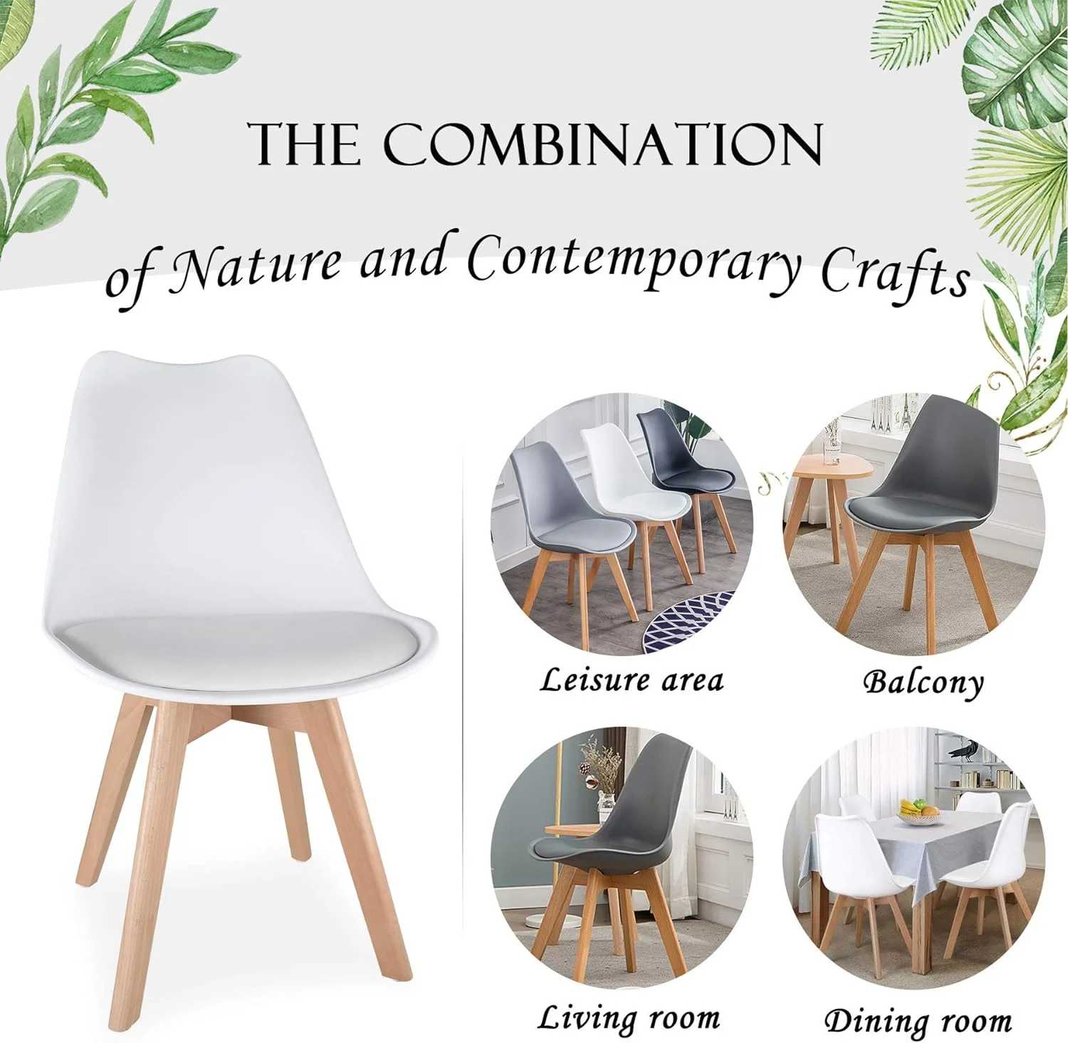 KHBIULIFE Dining Chairs Mid Century Modern DSW Tulip Chair PU Wooden for Living Room Bedroom Kitchen (White-Set of 4)