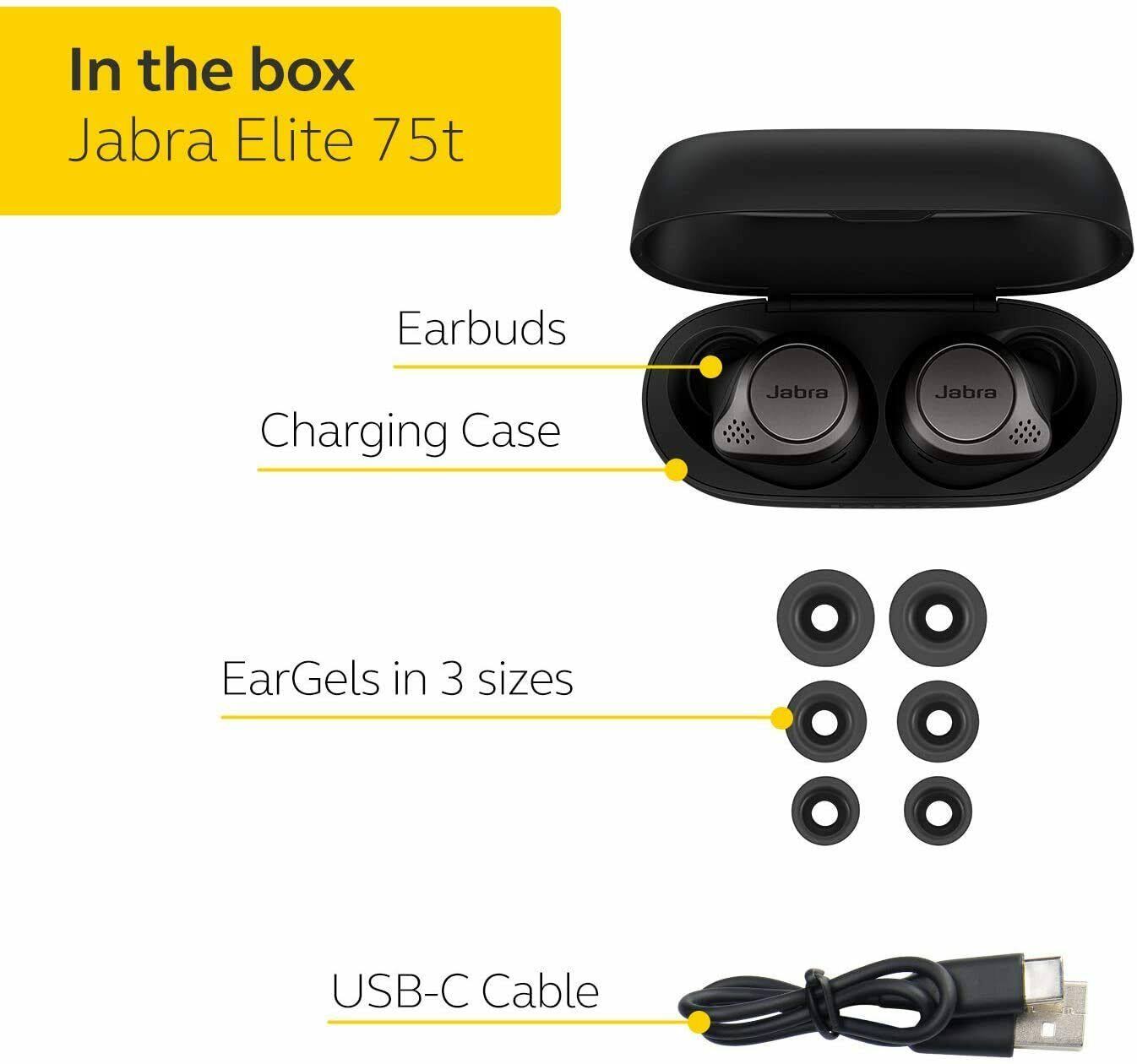 Jabra Elite 75t Bluetooth Wireless In-Ear True Earphones with Mic - Noise-Canceling - Titanium Black