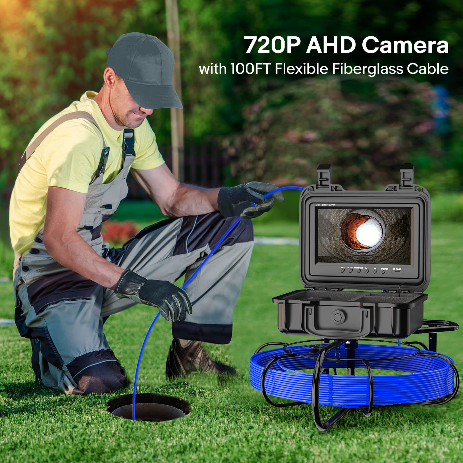 Oiiwak 100FT Sewer Camera with Cable Length Scale 9&rdquo; Screen 720P AHD Borescope Inspection Camera with 12 Adjustable LED Lights IP68 Waterproof Industrial Endoscope Snake Camera for Drain Pipe Plumbing