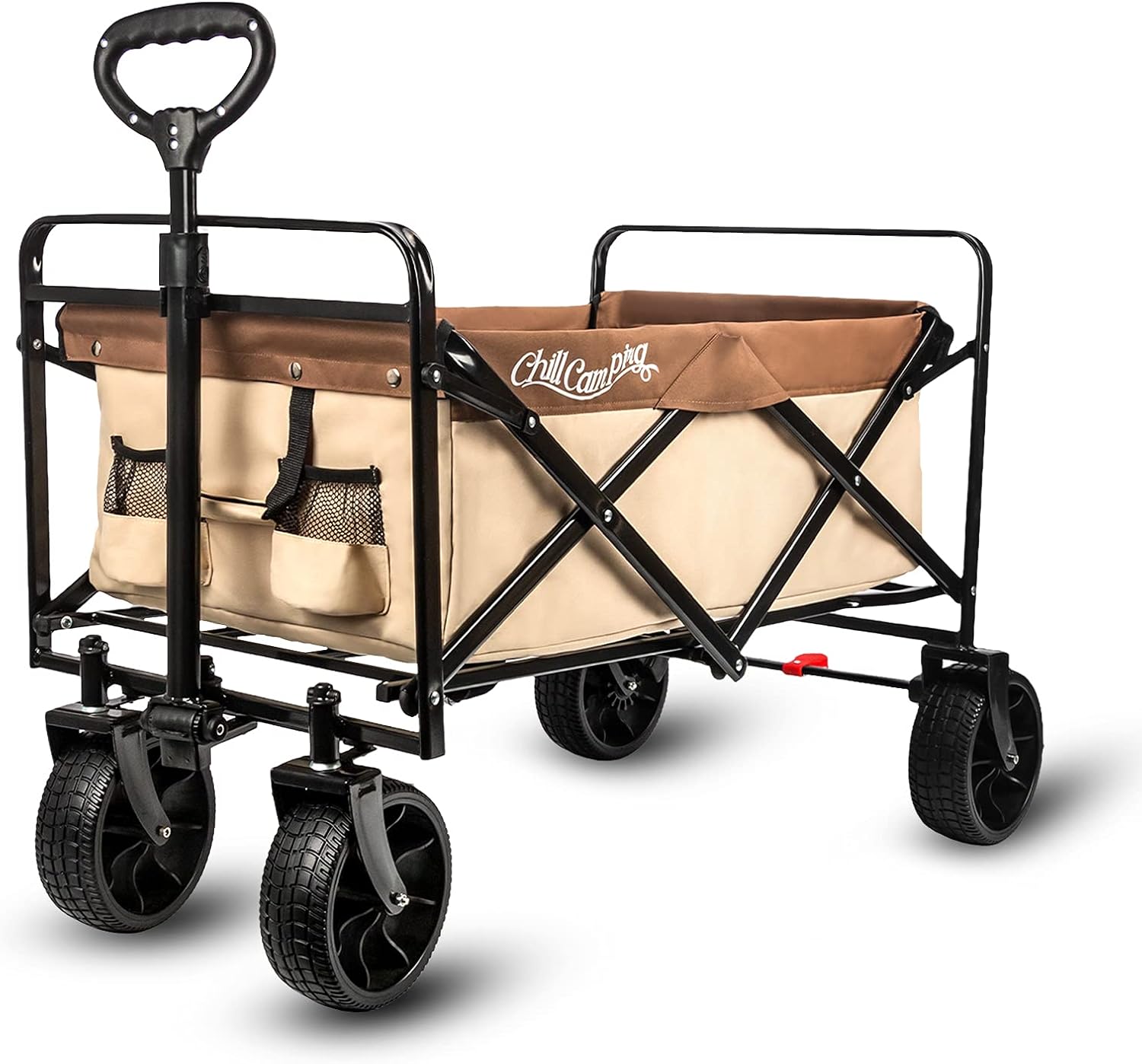 Beach Wagon Cart, Collapsible Folding Wagon with Big Rubber Wheels, Adjustable Handles and Brake, Heavy Duty Utility Wagon All Terrain Outdoor Camping Garden Grocery Wagon, Purple