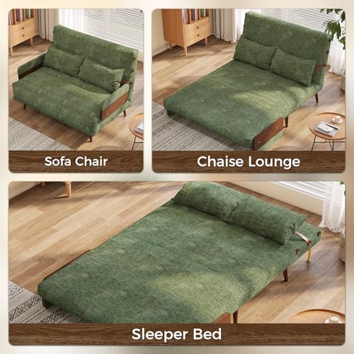 3-in-1 Convertible Chair Bed Sleeper for Adults, Linen Convertable Sleeper Chair with Wooden Arms & Pillows, Foldable Single Futon Sofa Bed (Mid Century with Walnut Arm, 36.6" Wide)