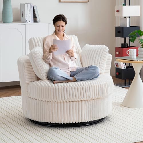 Chair and A Half with Ottoman, 360° Swivel Accent Barrel Chair Modern Comfy Round Reading Sofa Swivel Chairs Circle Lounge Chair for Bedroom Living Room w/4 Pillow Lower Seating Heigh (White, Large)