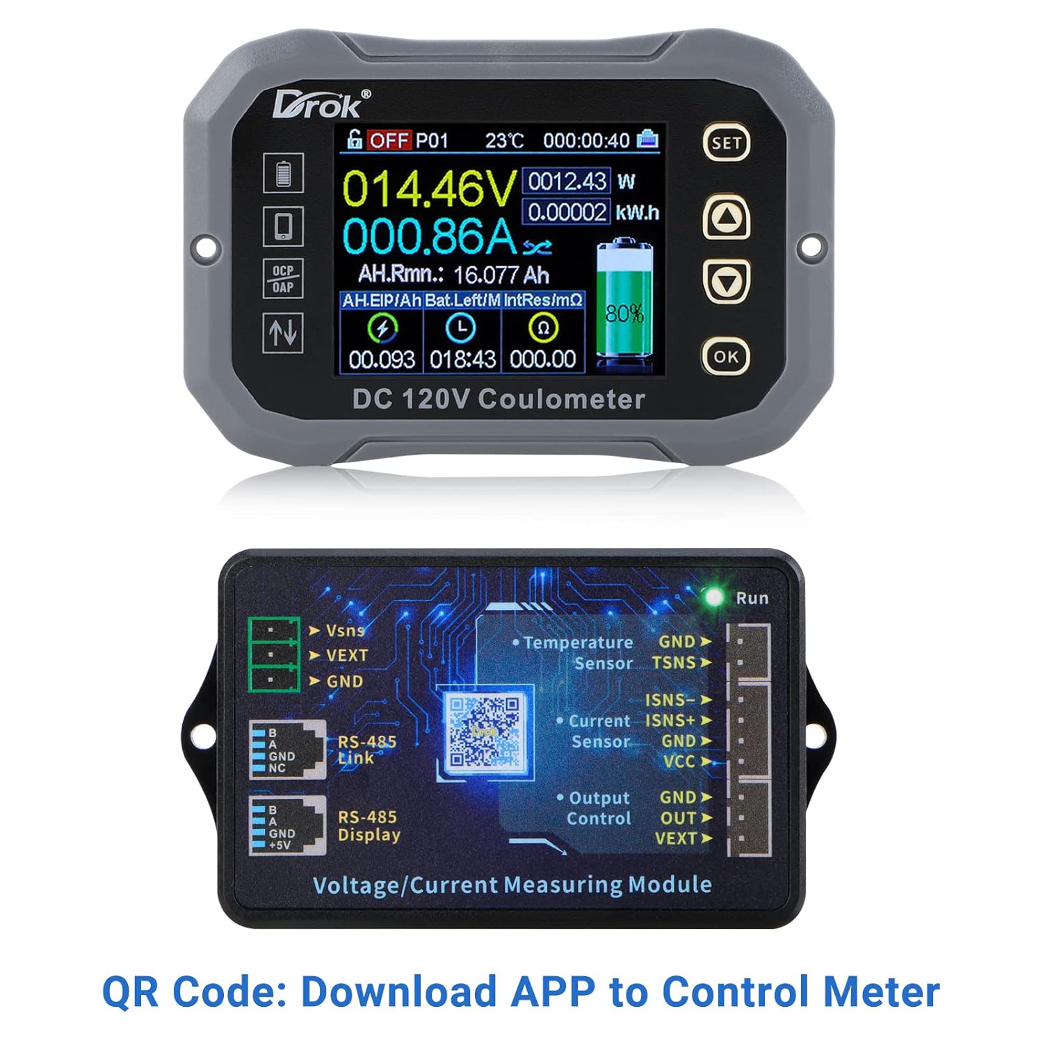 Charge-Discharge Multi Meter, DROK 0-120V 100A DC Voltmeter Coulometer, Mobile Phone APP Control LCD Battery Monitor Volt Amp Temp Power Capacity Timing Monitor for RV, Boat, E-Bike Pack of 2