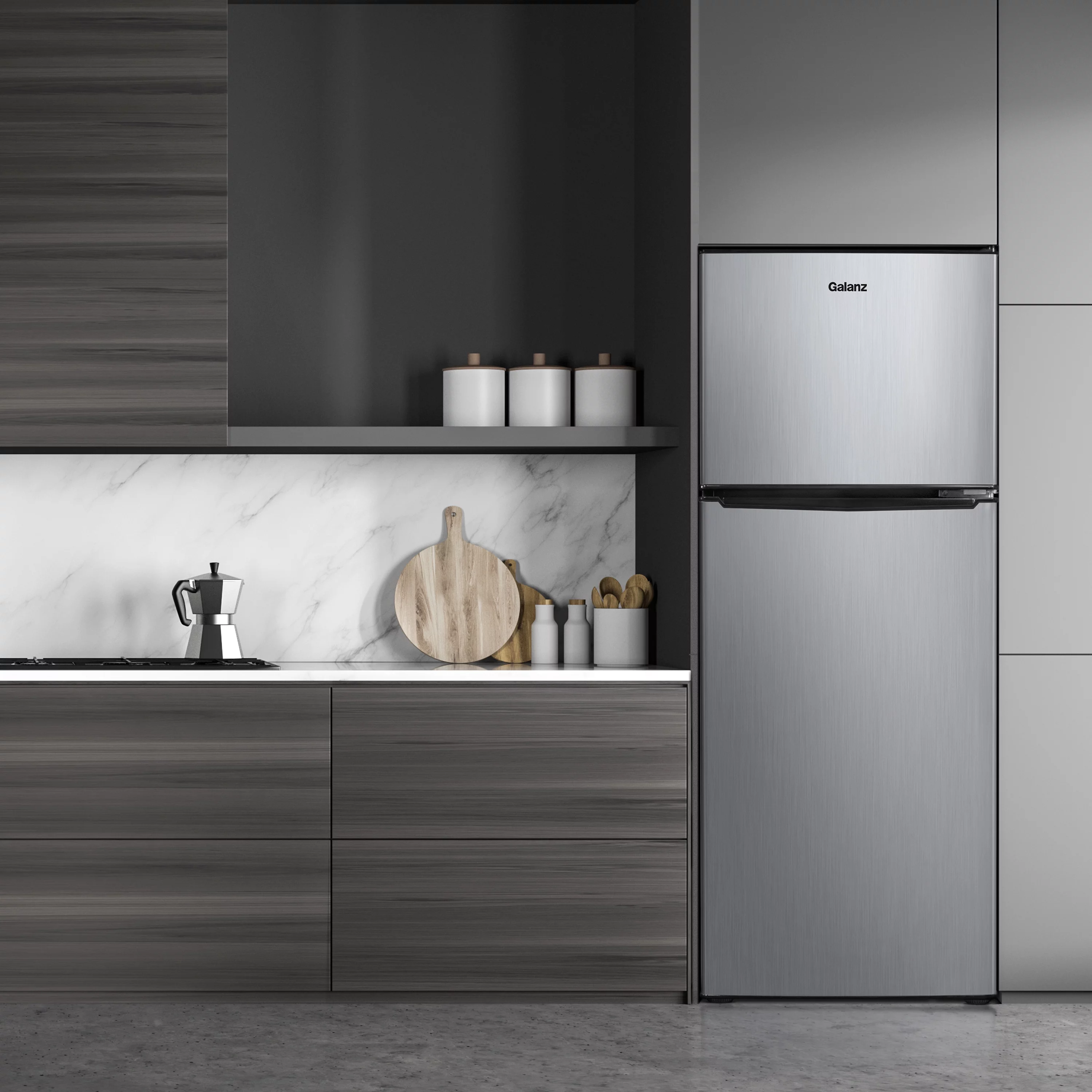 Galanz 4.6. Cu ft Two Door Mini Fridge with Freezer, Stainless Steel Look new