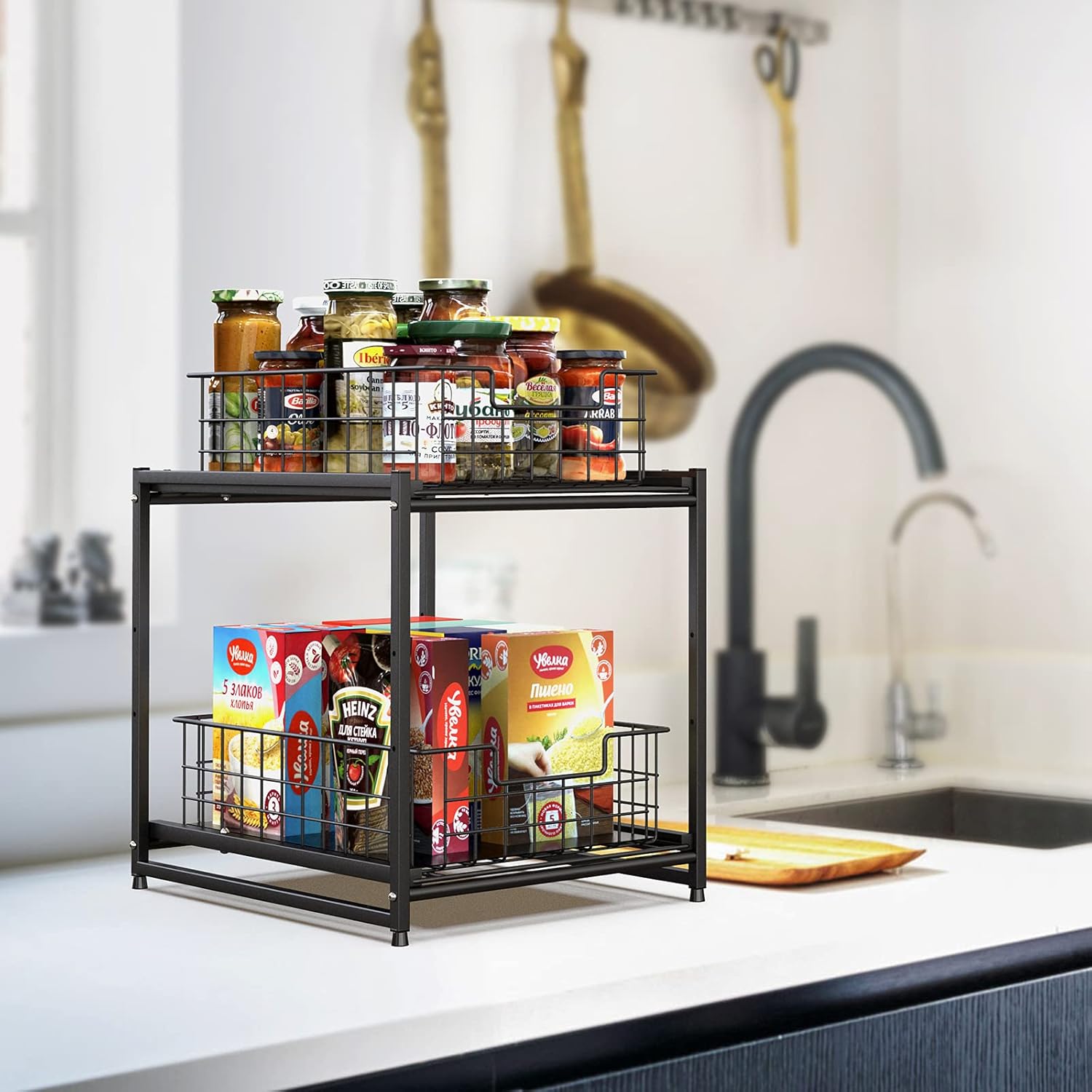 FavoThings Stackable 2-Tier Kitchen Cabinet Organizer Under Sink Organizer Rack with Sliding Storage Basket Drawers, Black