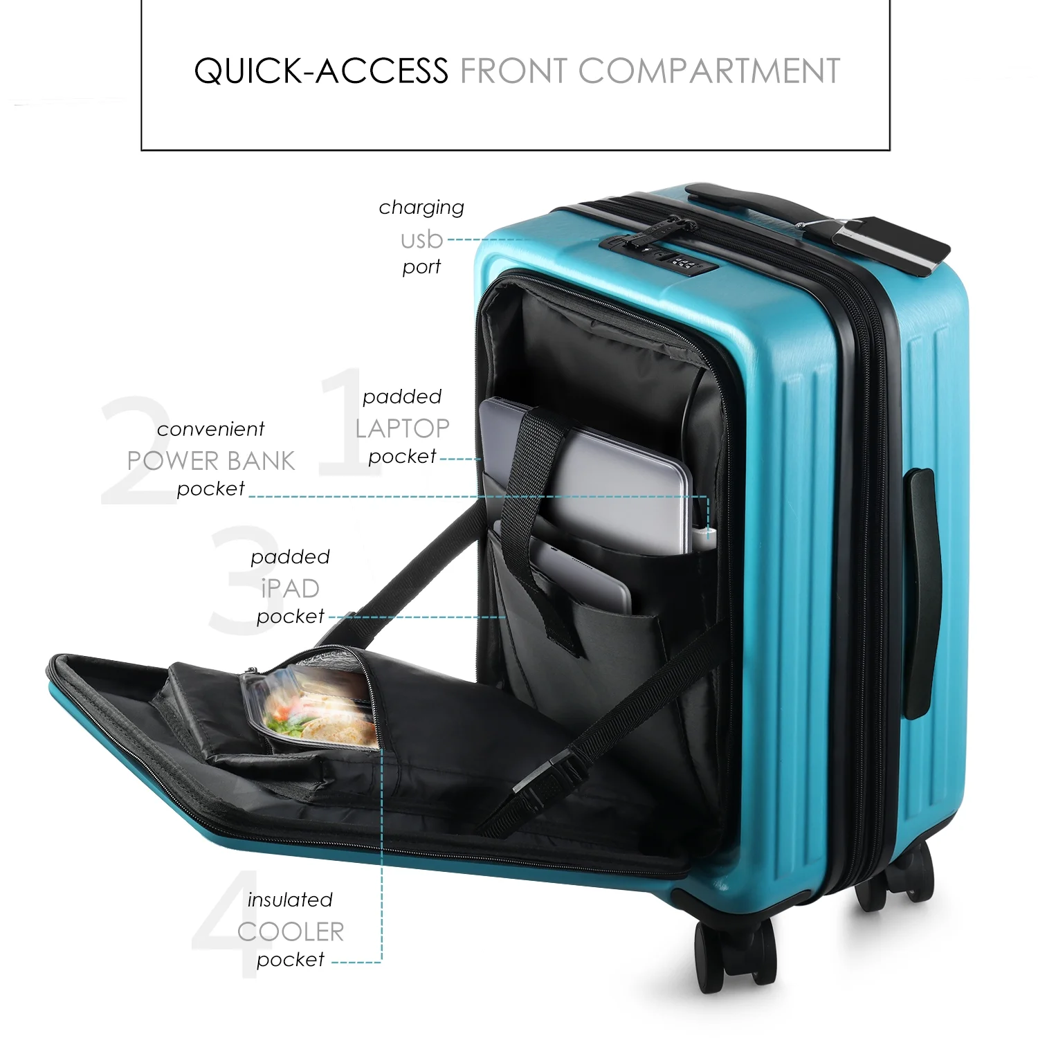 StorageBud 20 inch Hardside Carry-On Expandable Luggage, Front Pocket Luggage Set Spinner Suitcase Set, Teal