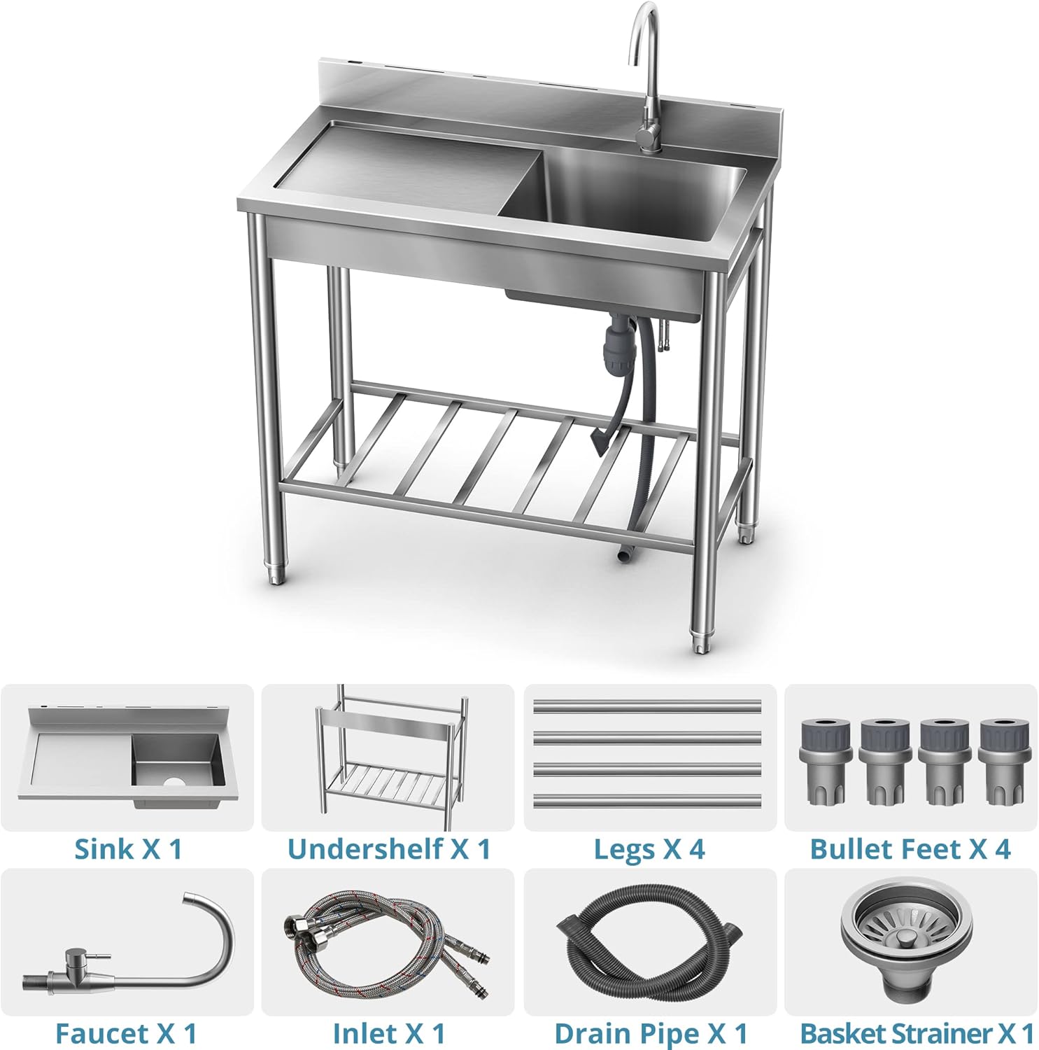 Stainless Steel Sink, Outdoor Utility Sink Free Standing Single Bowl Kitchen Sink with Cold and Hot Water Pipe for Laundry Room Bathroom Farmhouse (39 Inch)