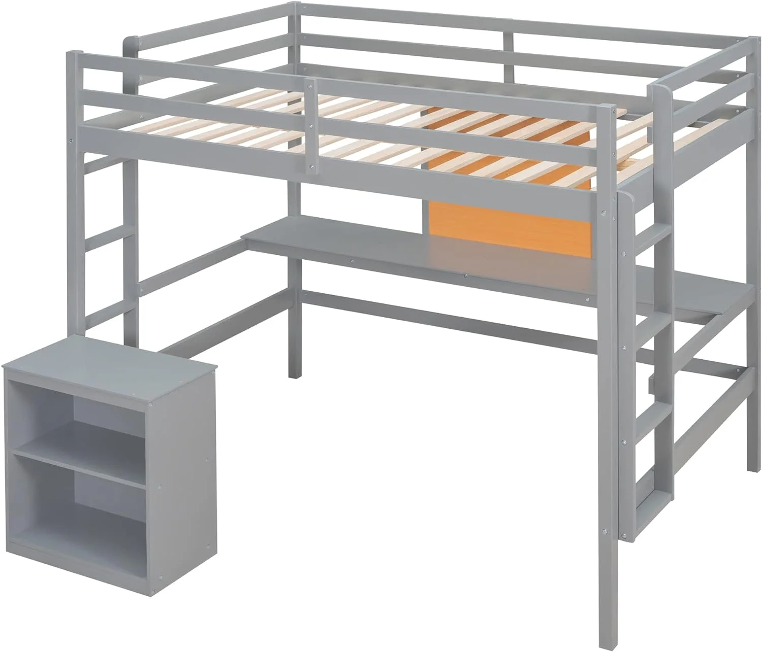 Full Size Loft Bed Frame With Desk, Storage Shelves And Writing Board, Wood Loft Beds With Two Ladders And Moveable 2-Shelf Cabinet, High Loft Bed For Kids Boys Girls Teens, Gray