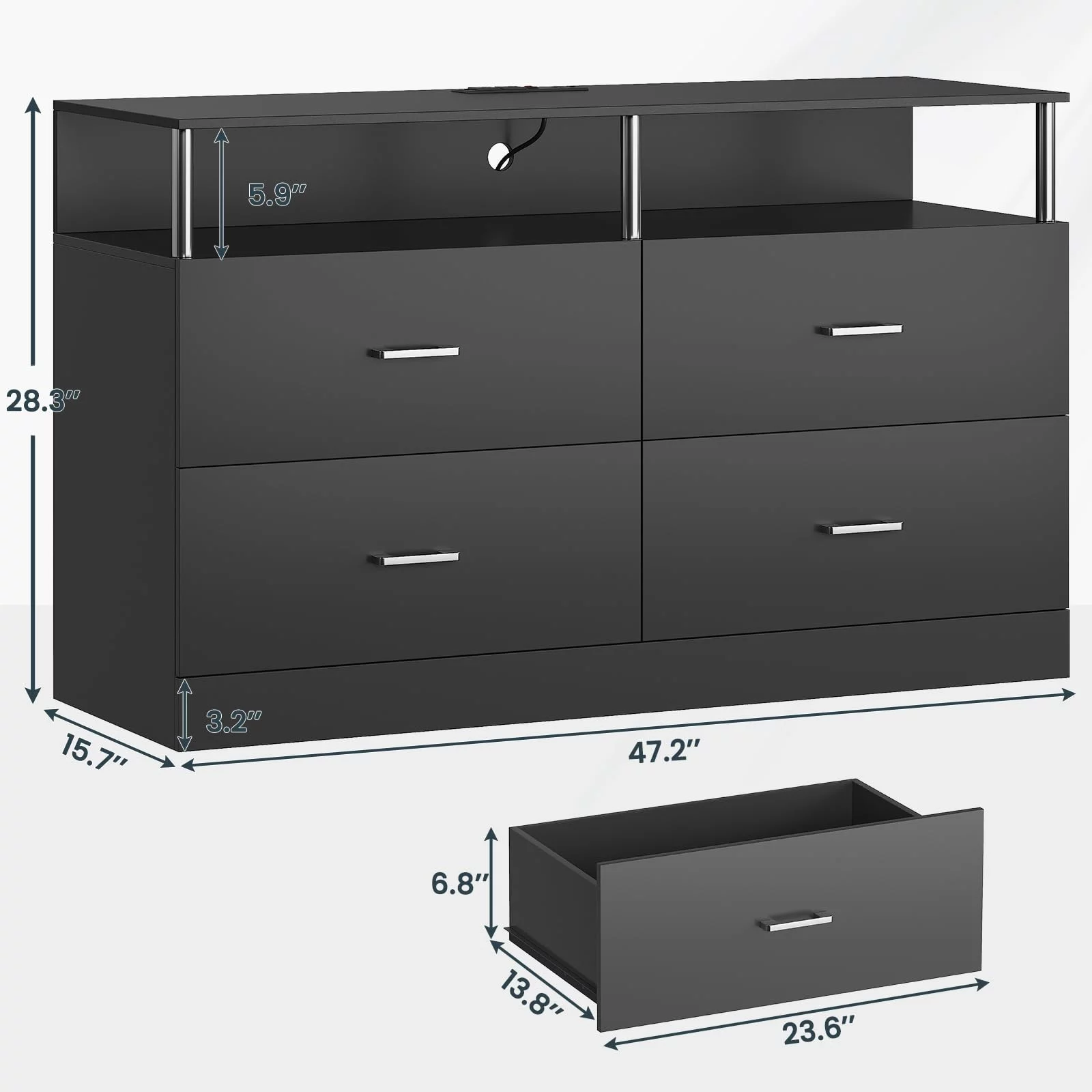 Mabor 4 Drawer Dresser for Bedroom with LED Lights&Charging Station, Modern Black Dresser Chest of Drawers for Living Room Closet