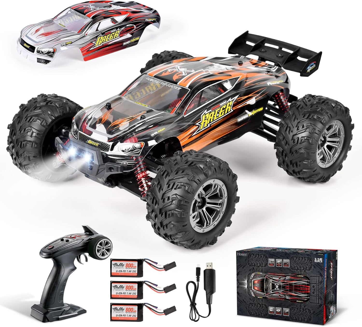 1:16 Brushless RC Cars 55+ kmh High Speed Large Remote Control Car 4x4 Off Road Monster Truck Electric All Terrain Waterproof Toys Hobby Vehicle for Kids and Adults - 2 Batteries for 40+ Min Play