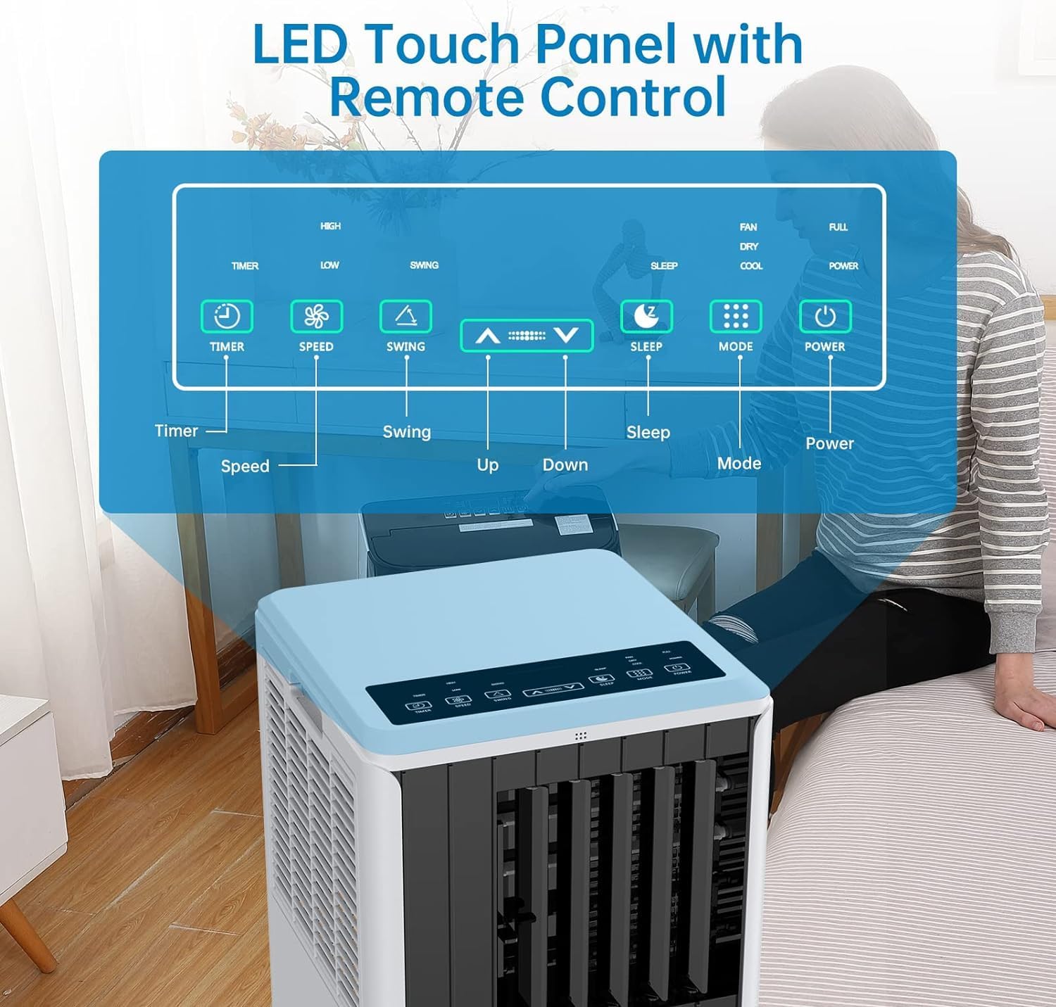 8,000 BTU Portable Mobile Air Conditioner, Cooling Range 350 Square Feet, with Remote Control, LED Touch Screen, 3-in-1/24 Hour Timer, Suitable for Home/Office/Dormitory, Black