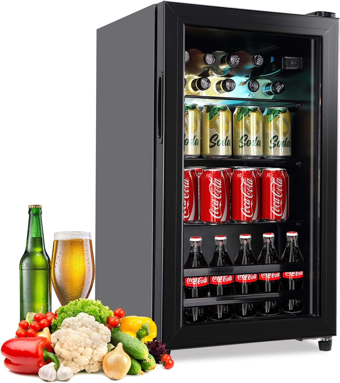 Beverage Refrigerator Cooler - 120 Can Freestanding Beverage Cooler with Glass Door - Small Drink Dispenser Machine for Office or Bar with Adjustable Removable Shelves