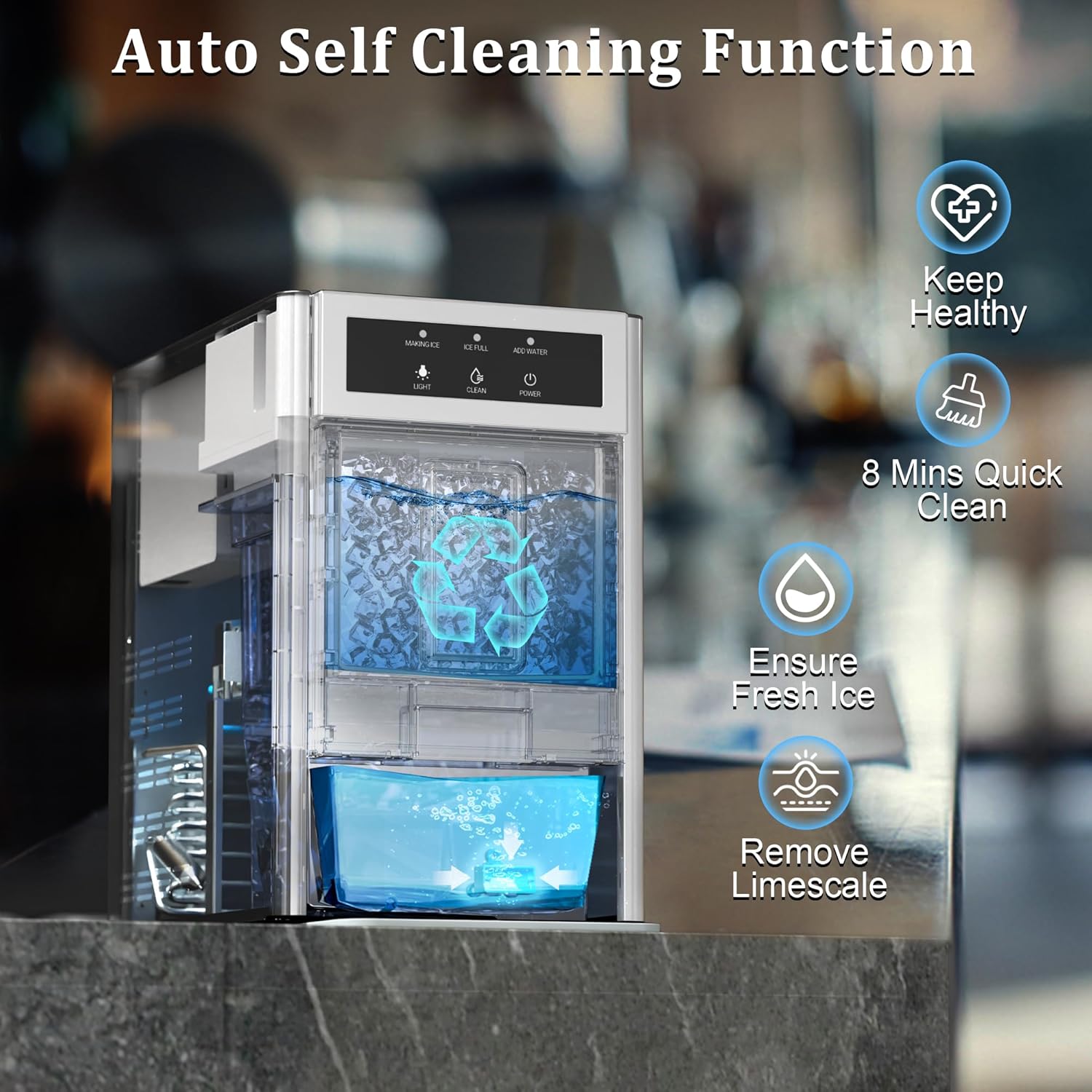 Nugget Ice Maker Countertop, 44 lbs/Day Chewable Ice Maker, One-Click Operation, Two Ways add Water, Self-Cleaning Sonic Ice Maker for Home, Office, Kitchen, RV, Basement Bars