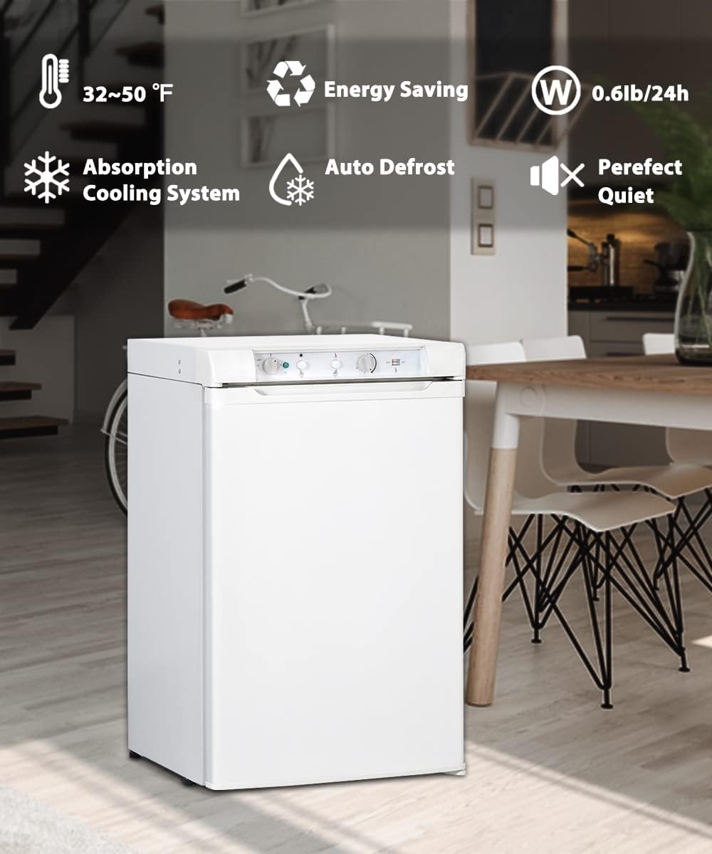 3.5 Cu.Ft RV Propane Refrigerator with Freezer, 3 Way Fridge with Reversible Door, AC/DC/GAS Refrigerator for Camper, Cabin, Semi Truck, Van, Quiet, White