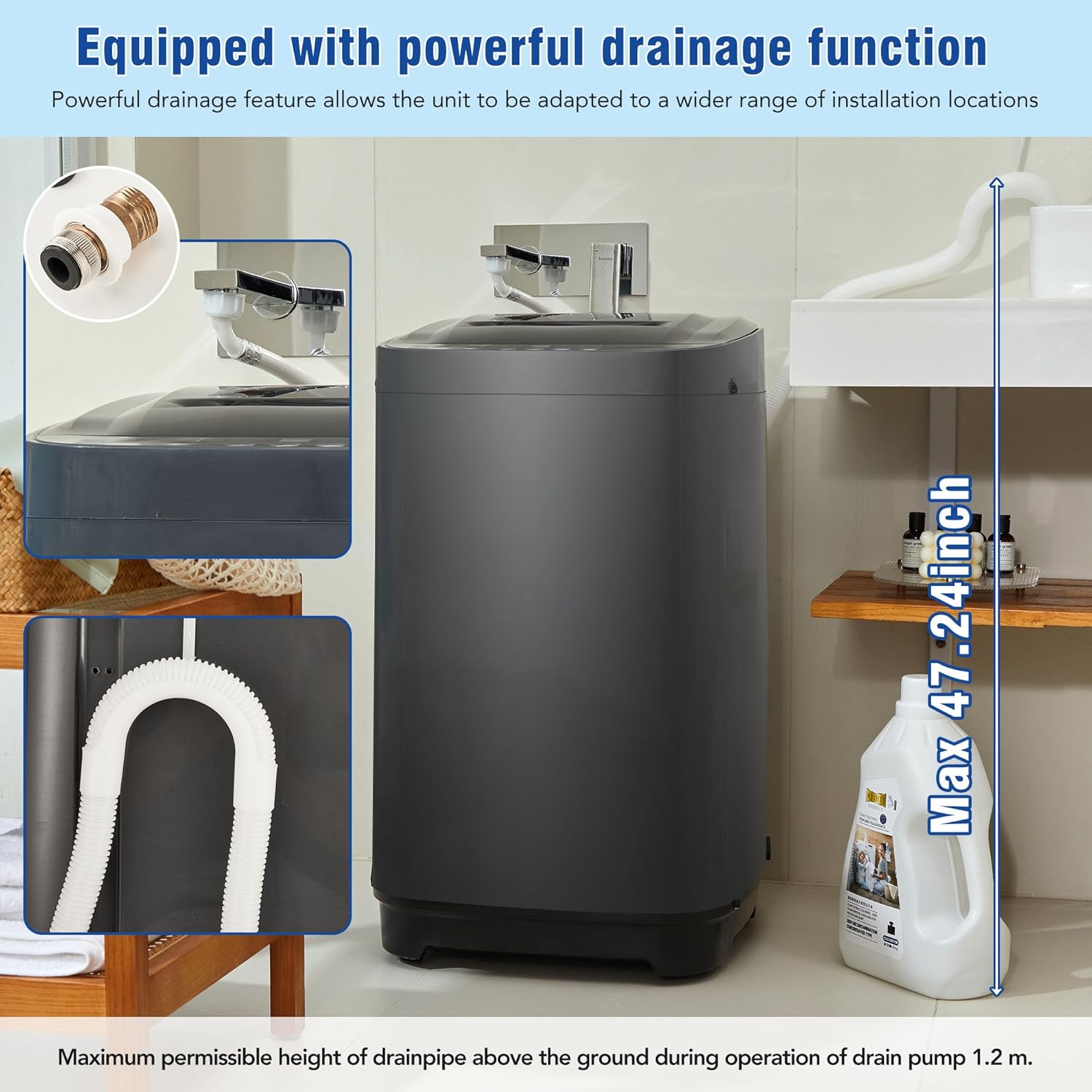 Portable Washing Machine – 15.4lbs Capacity, Top Loading Full-Automatic Compact Washing Machine with Smart Programs and Energy Efficiency (Antique grey, 18.3 "L x 18.5 "W x 31.1 "H)