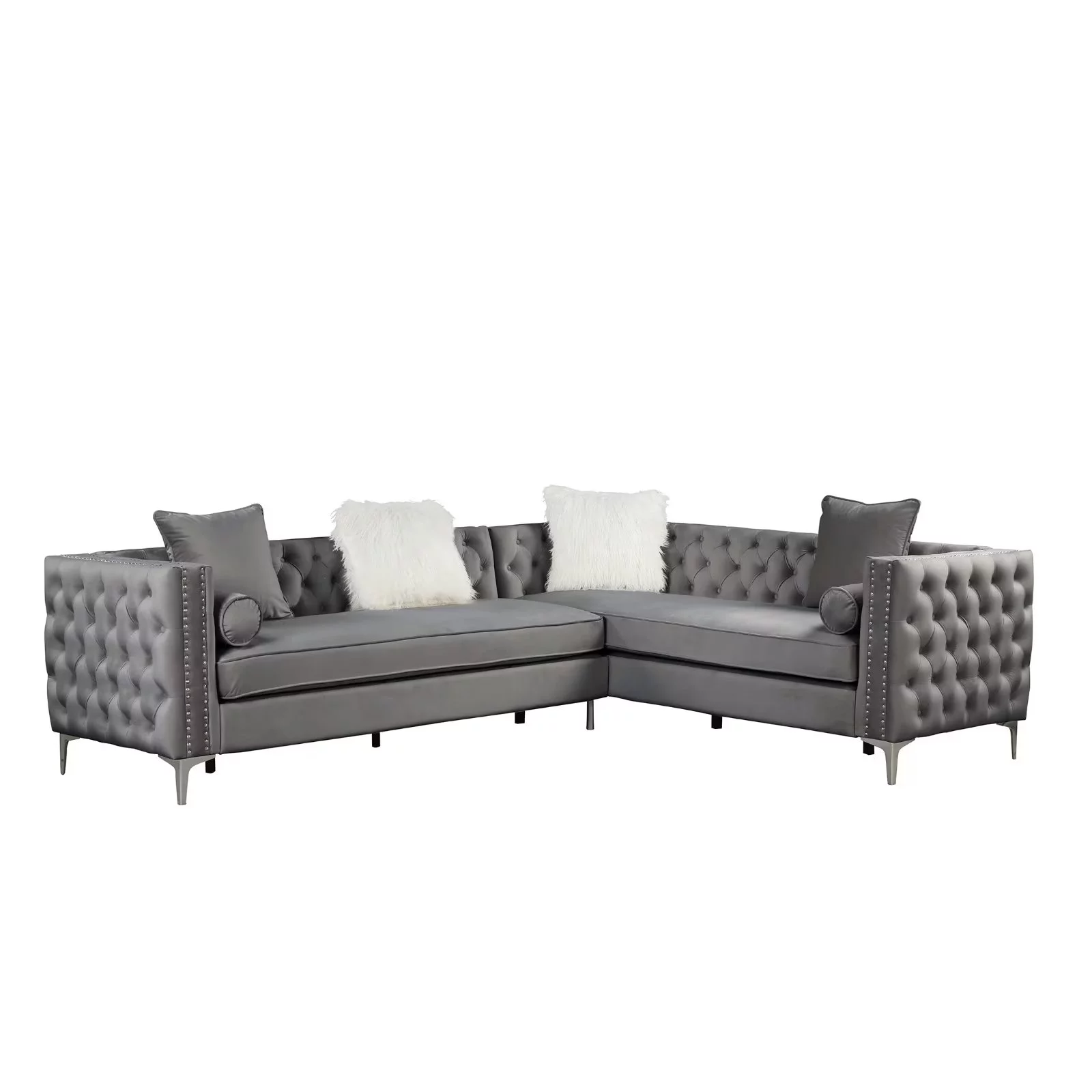 Morden Fort L-Shape Sectional Sofa for Living Room Velvet Corner Couch Sleeper with Pillows Gray