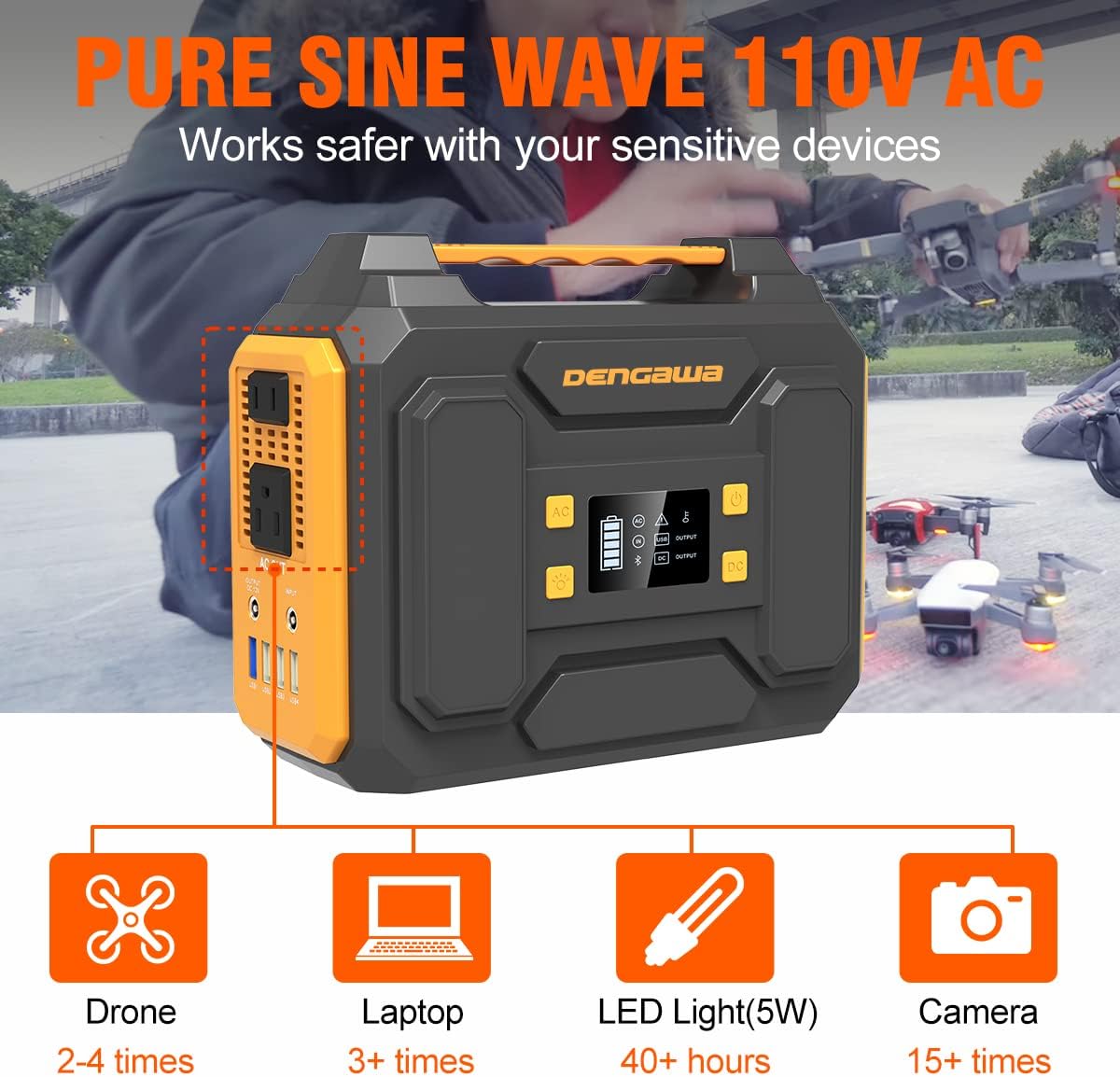 DenGaWa Portable Power Station 250Wh, Laptop Charger Lithium Battery Power Supply with 110V/250W Pure Sine Wave AC Output, DC USB Ports for Outdoors Camping Home Emergency