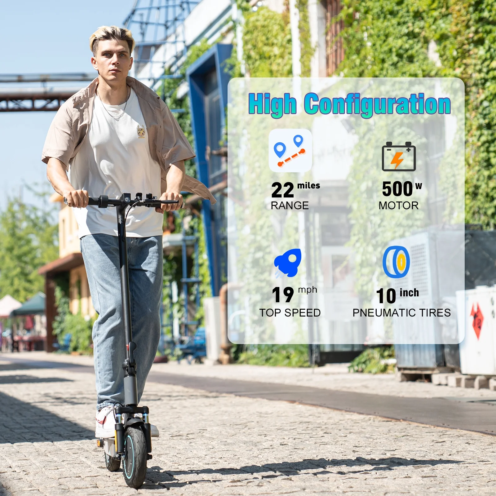 RCB Electric Scooter with 10 Solid Tires, 500W Motor up to 19mph and 22 miles Range, Folding Electric Scooter for Adults, Gray