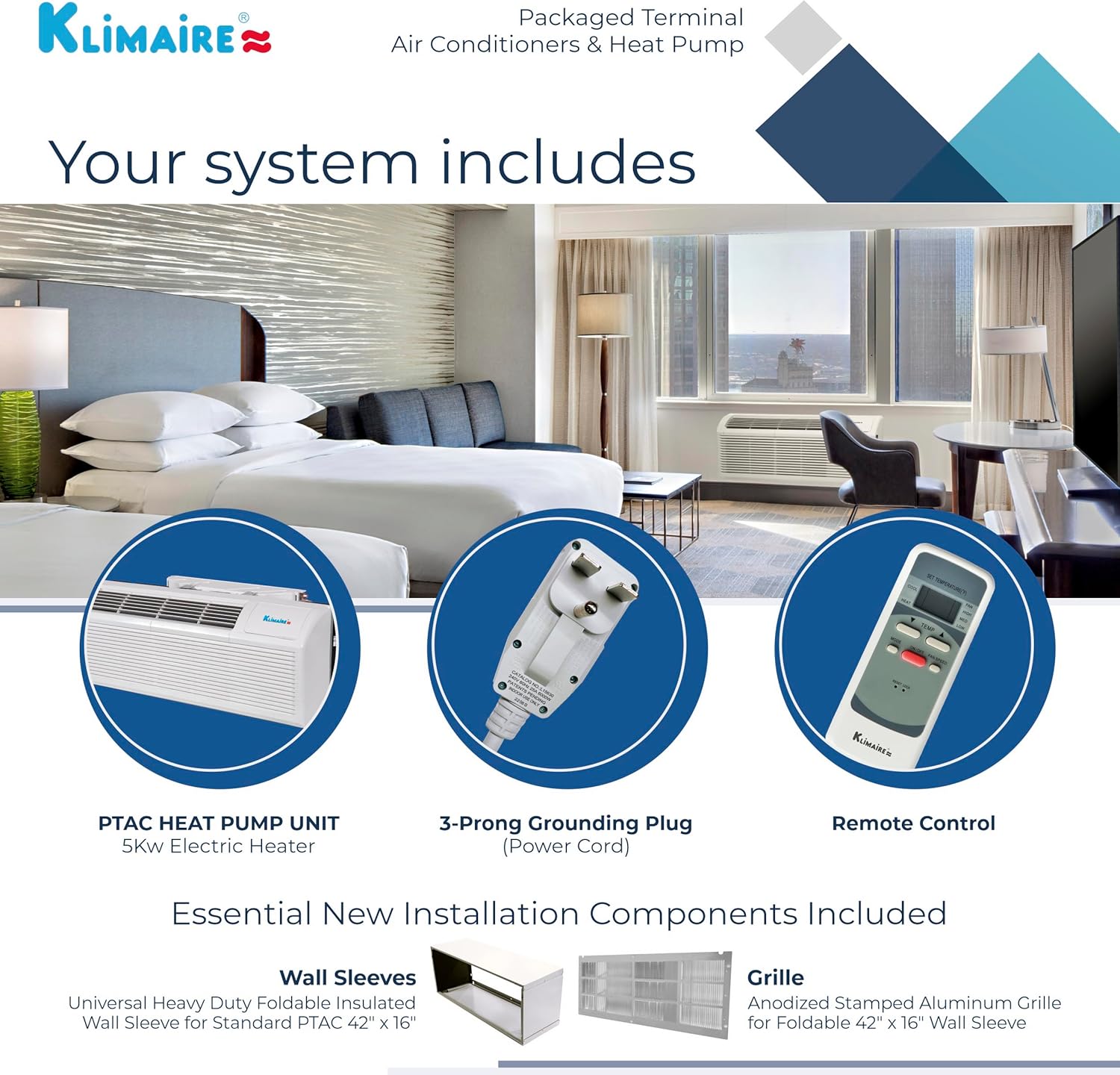 KLIMAIRE 15,000 BTU 10.6 EER PTHP Air Conditioner Heat Pump with 5 kW Electric Heater Wall Sleeve, Aluminum Grille & Remote Control (230 V)