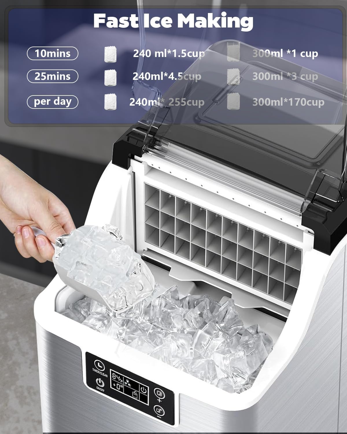 Kndko Ice Makers Countertop, 45Lbs/Day, 2 Ways to Add Water, Countertop Ice Maker, 24 Pcs Ready in 13 Mins, Self Cleaning Ice Maker, 24H Timer, Perfect for Home Bar RV, Stainless Steel Ice Maker