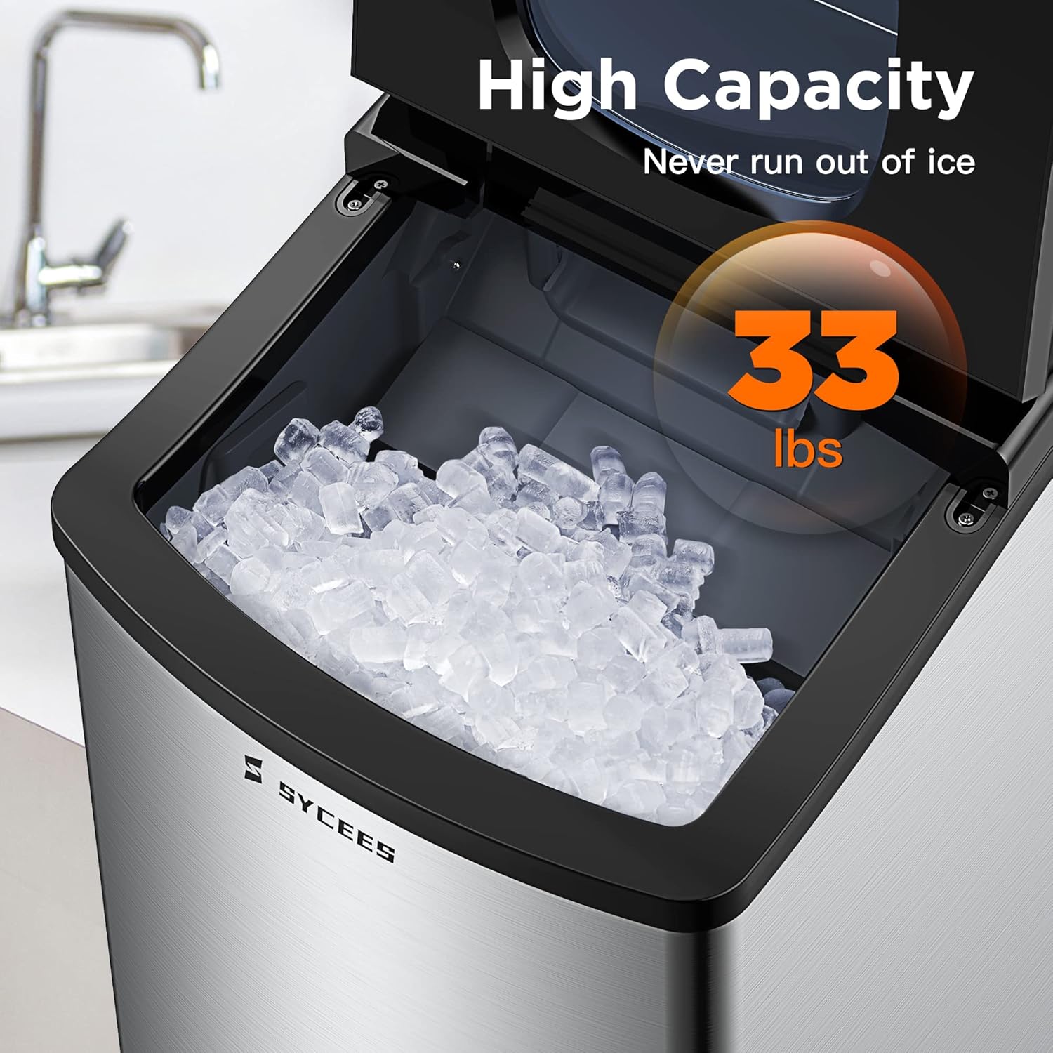 Nugget Ice Maker for Countertop, 33lbs/24h, Sonic Ice Ready in 10 Mins, 5lbs Ice Storage, Self-Cleaning Function, Touch Control, Stainless Steel Pellet Ice Machine for Home Kitchen, Bar, Office