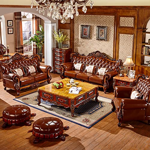 European-Style Leather Sofa, Solid Wood Carved High-end American-Style Sofa Villa Living Room Furniture Suitable for Villa Living Room with Pillows Stool