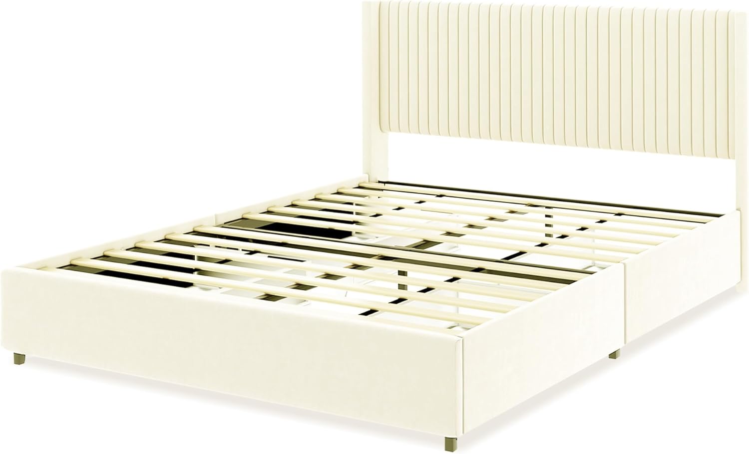 Dolonm Queen Size Upholstered Bed Frame, Platform Bed with Patented 4 Drawers Storage and Headboard, Button Tufted and Wingback Design, Mattress Foundation with Wooden Slats Support, Ivory Velvet