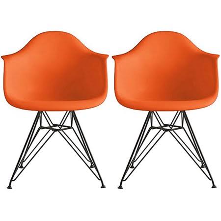 2xhome - Set of 2 (two) - Orange - Modern Eames Style Armchair Dining Chair Black Wire Leg Eiffel Dining Room Chair with Arm for