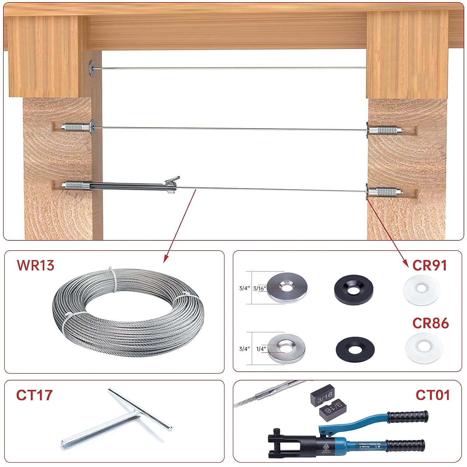 Muzata 40Pack 3/16" Invisible Cable Railing Kit Swage Lag Screw Tensioner CableGenie System Completely Hidden for Wire Rope Wood Posts T316 Stainless Steel 20 Cable Line CR99, CV1 CG1
