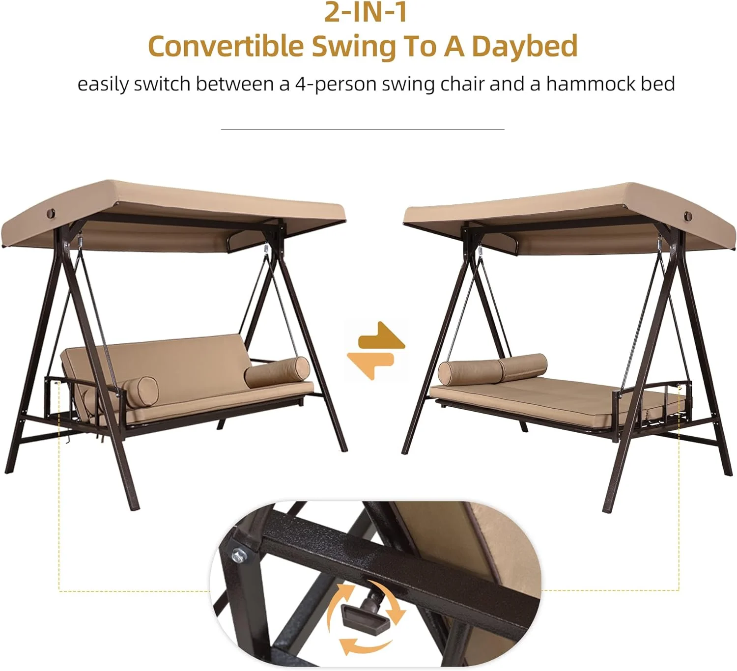 PURPLE LEAF Outdoor Patio Porch Swing Adjustable Backrest, 3-Seat Swing Chair with Weather Resistant Steel Frame for Backyard Front Porch Lawn, Cushion and Pillows Included, Beige