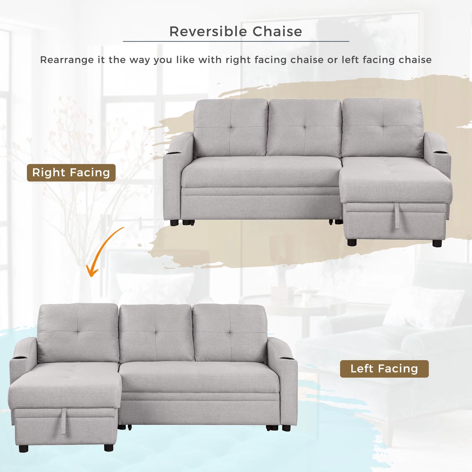 Euroco 80" Pull Out Sofa Bed L Shape Sofa with Storage Chaise and Cup Holder, Linen Fabric 3 Seater Couch, Gray