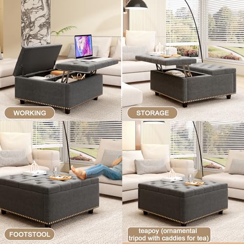 Large Square Storage Ottoman Coffee Table, 32'' Oversized Square Ottoman with Storage, Linen Upholstered Storage Ottomans with Lift Top & Nailhead Trim for Living Room, Light Grey