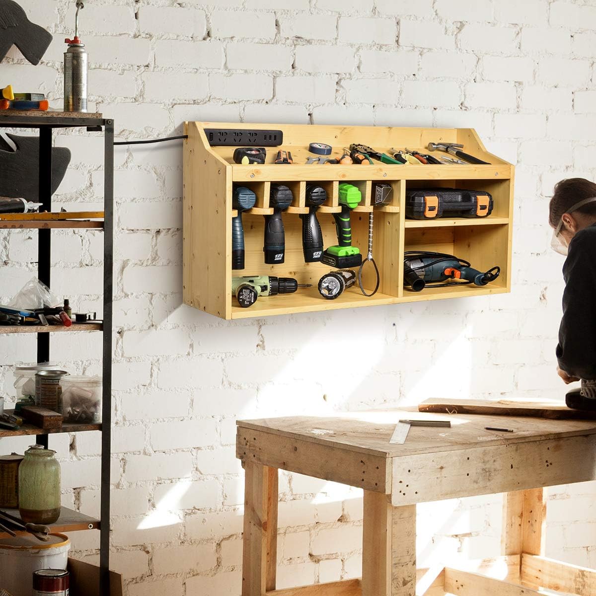 Power Tools Storage Organizers and Cabinets, Drill Charging Station, 5 Drill Hanging Slots, Wall Mount Impact Drivers Storage Dock with Widened Room for Circular Saw, Impact Wrench, Screwdriver Drill