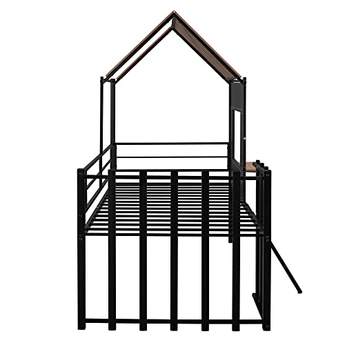 Harper & Bright Designs Kids House Beds Low Loft Bed Frame with Roof, Window, Guardrail and Ladder, Metal Twin Size Loft Bed for Kids Teens Girls Boys (Twin, White)