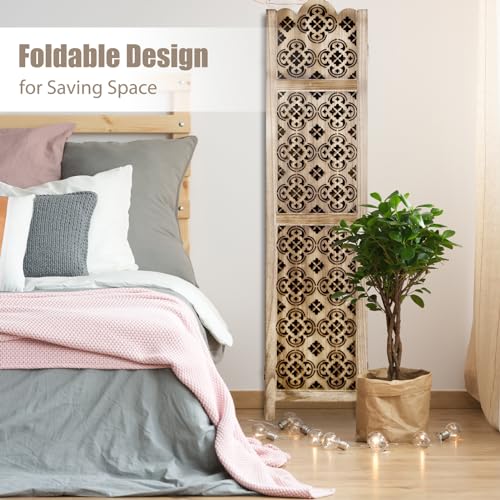 ECOMEX Carved Room Dividers,6 Panel Room Divider with Hand Carved Vintage Style Room Dividers and Folding Privacy Screens,Retro Flower Pattern, Grey